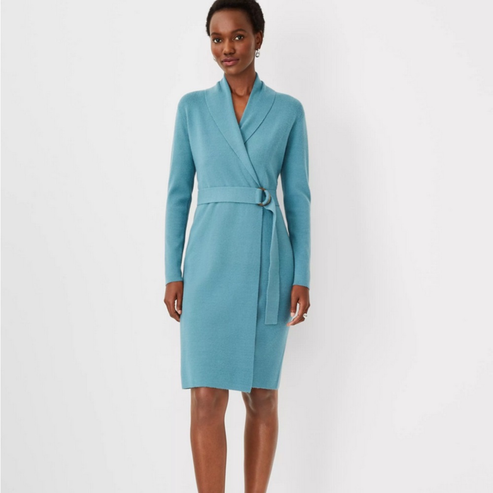 Ann Taylor Oceanside Shawl Collar Belted Wrap Sweater Dress